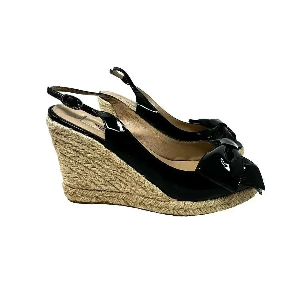 Valentino Garavani size 7 37 Espadrille Wedge Black patent leather sandal w/box